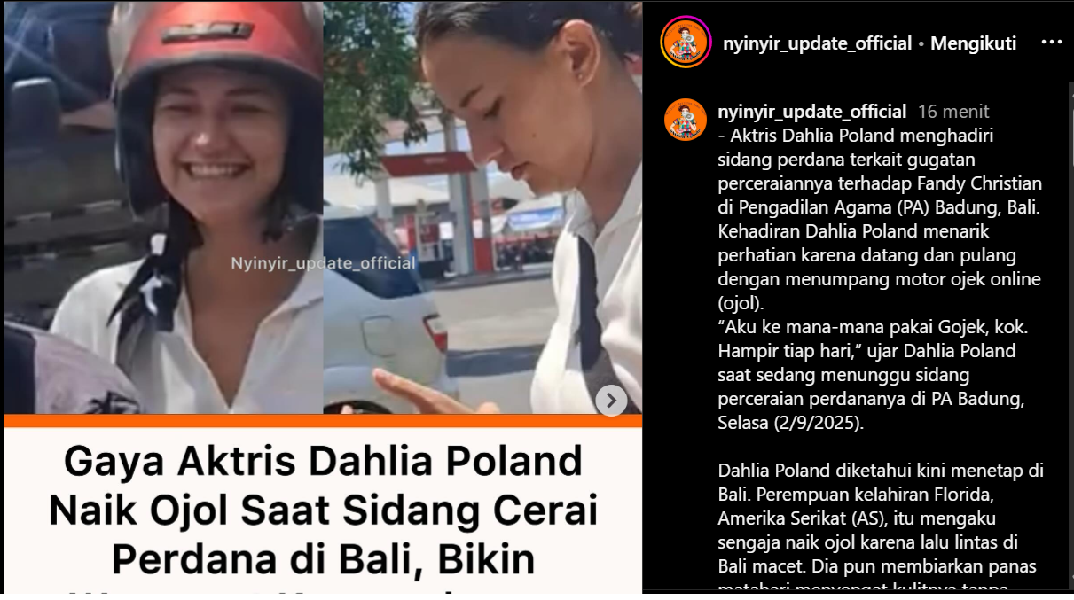 Dahlia Poland naik ojek saat hadiri sidang perdana dengan Fandy Christian. (Instagram)